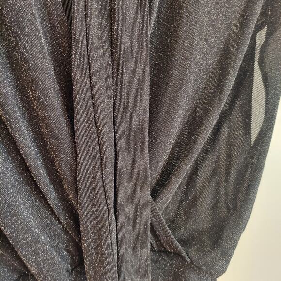 Forever 21 Semi Sheer Blouse Top Medium Black Sparkle Dazzle Faux Wrap Tie Neck - Picture 2 of 7